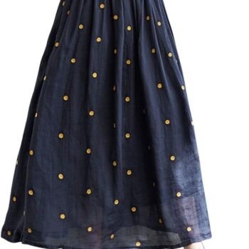 Women's Elegant Polka Dot A-Line Skirt Boho Swing Pleated Cotton Midi Long Skirt