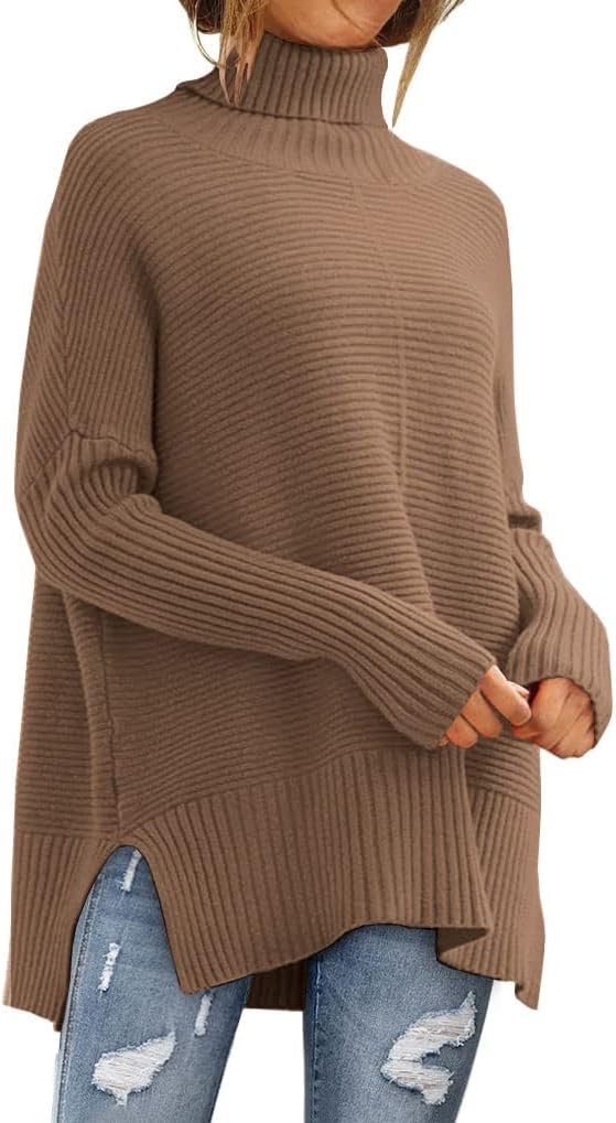 Women's Oversized Turtleneck Sweaters Fall Batwing Sleeve Ribbed Tunic Sweater