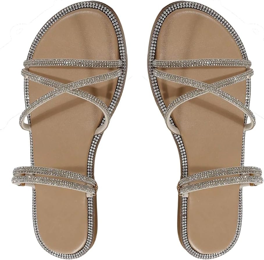 Women Rhinestone Strappy Open Toe Slide Sandals Slip on Casual Flat Sandals