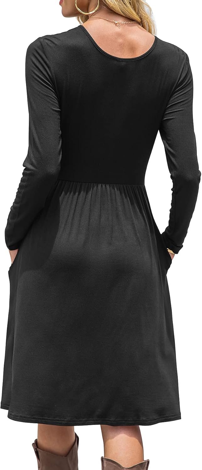 Women Casual Long Sleeve Dresses Empire Waist Knee Length Loose Dress with Pockets - Image 2