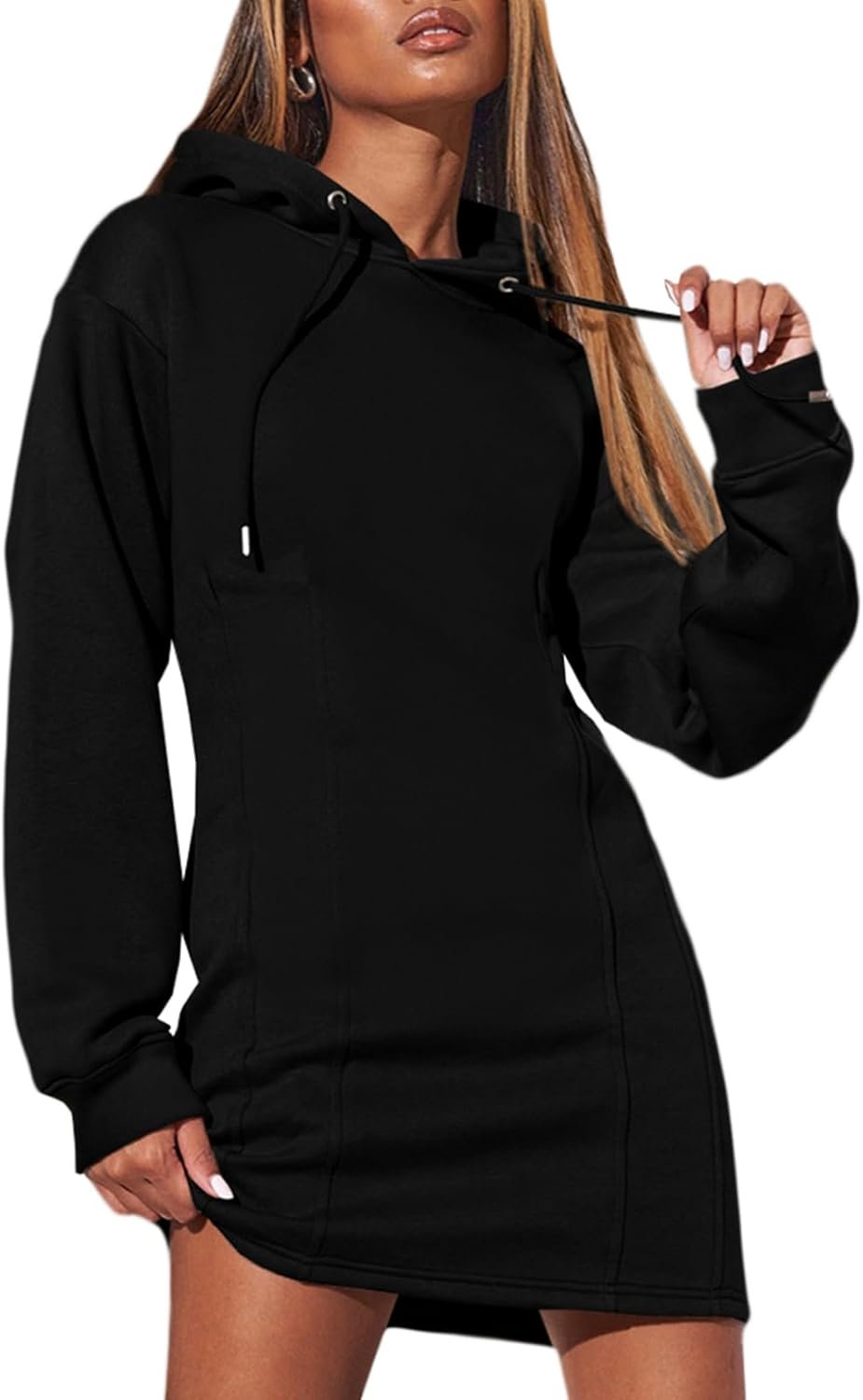 Womens Hoodie Dresses Fall Winter 2025 Casual Long Sleeve Drawstring Pleated Sweatshirt Pullover Tunic Mini Dress