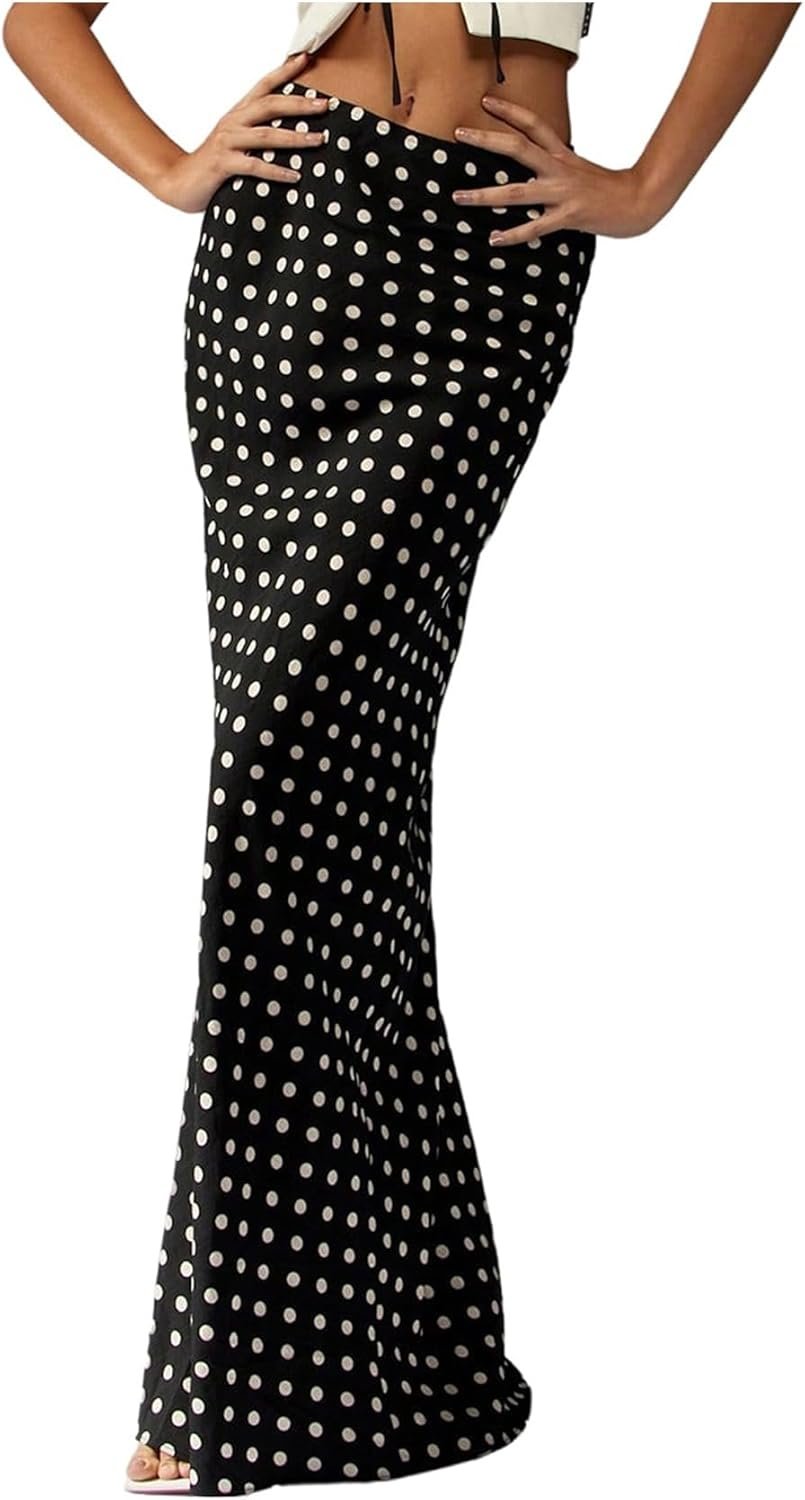 Women's Polka Dots Bodycon Maxi Skirt Elegant Floor Length Casual Long Skirts