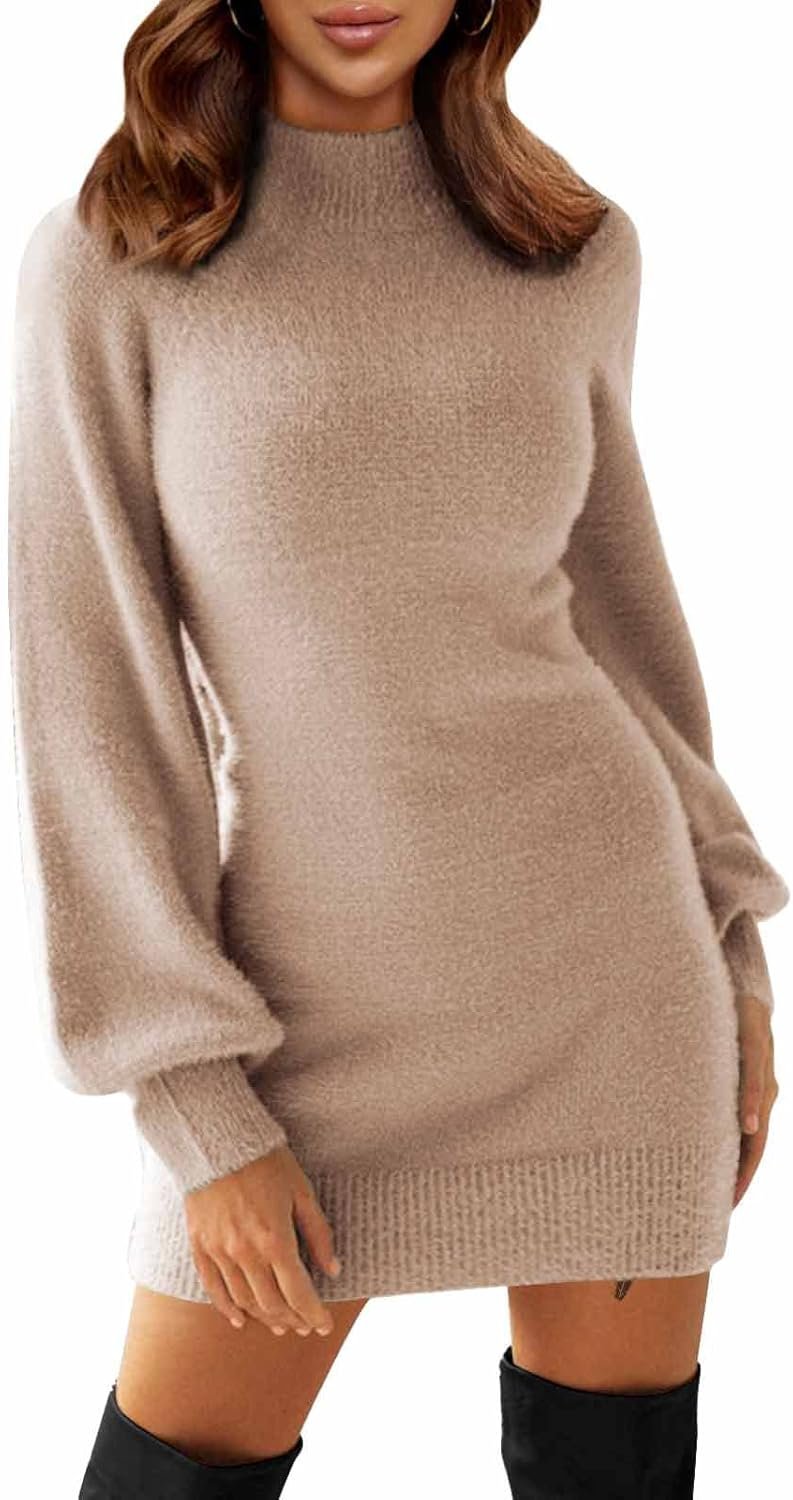 Women's 2025 Mock Neck Ribbed Long Sleeve Bodycon Pullover Cute Mini Sweater Dress
