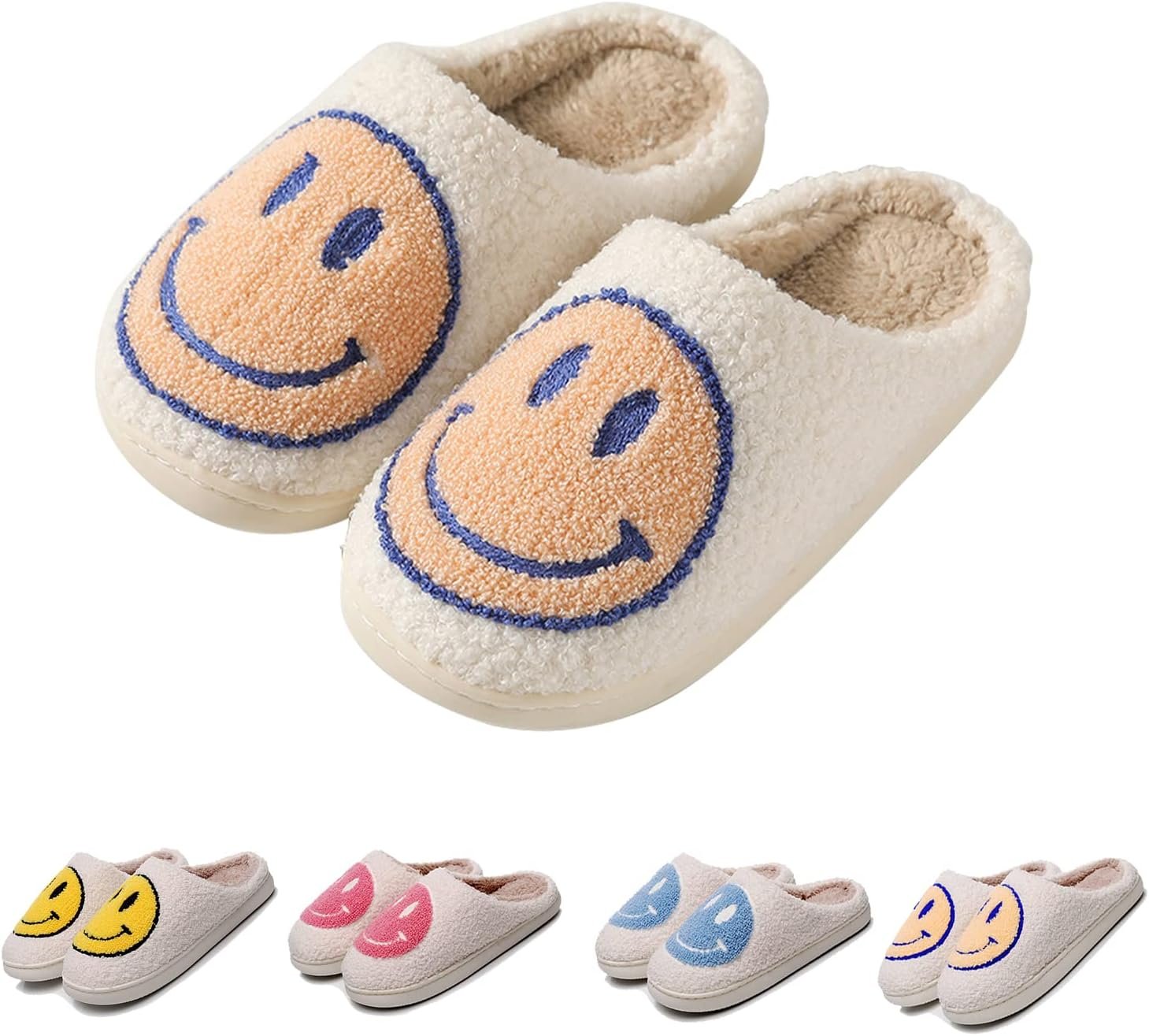 Smile Face Slippers for Women - Indoor Outdoor Retro Happy House Slides, Soft Fluffy Cushion Furry Shoes
