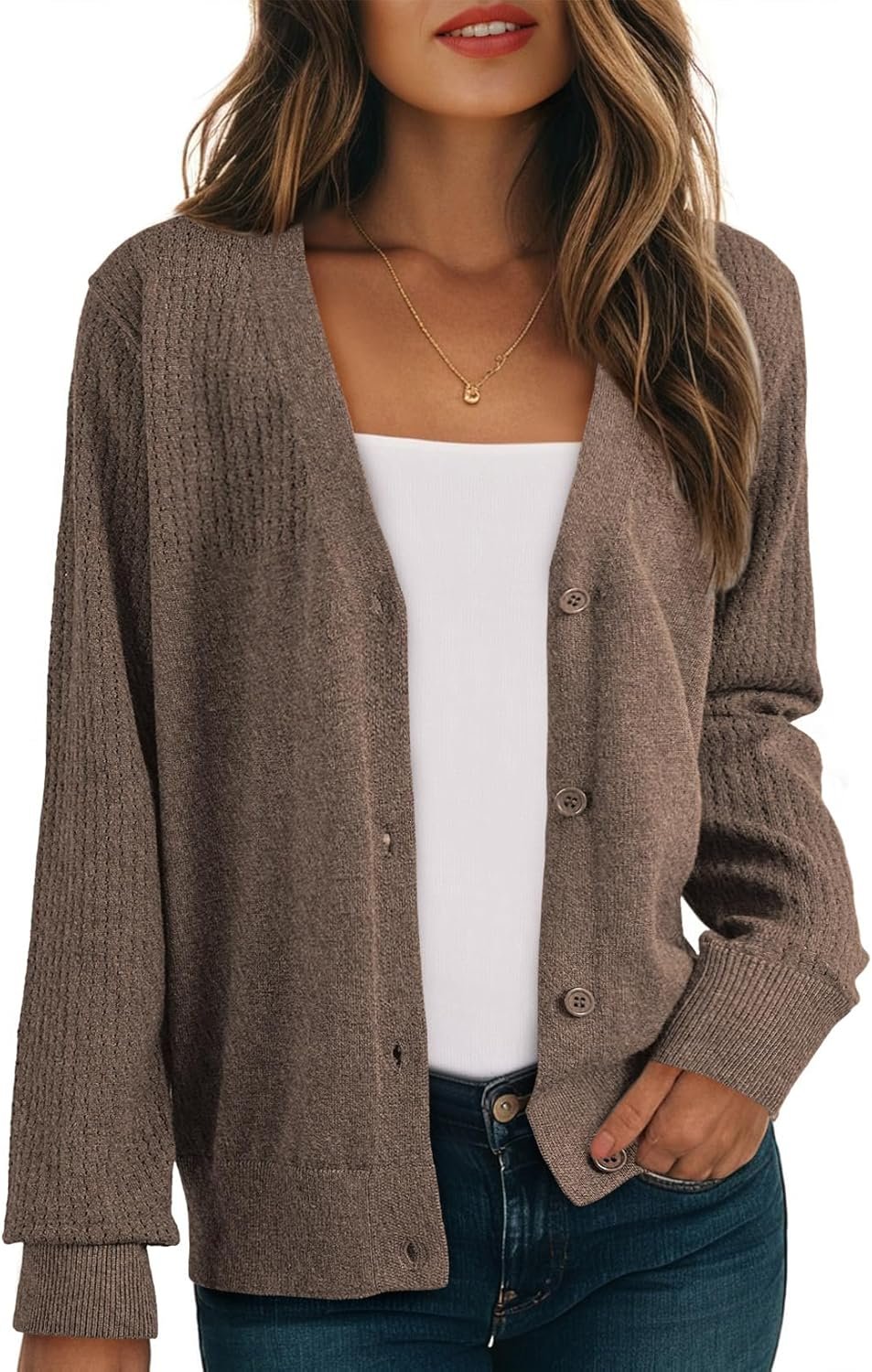 Womens Cardigan Wool Blend Long Sleeve Button Down Sweaters for Women Casual Hollow Out Knit Tops