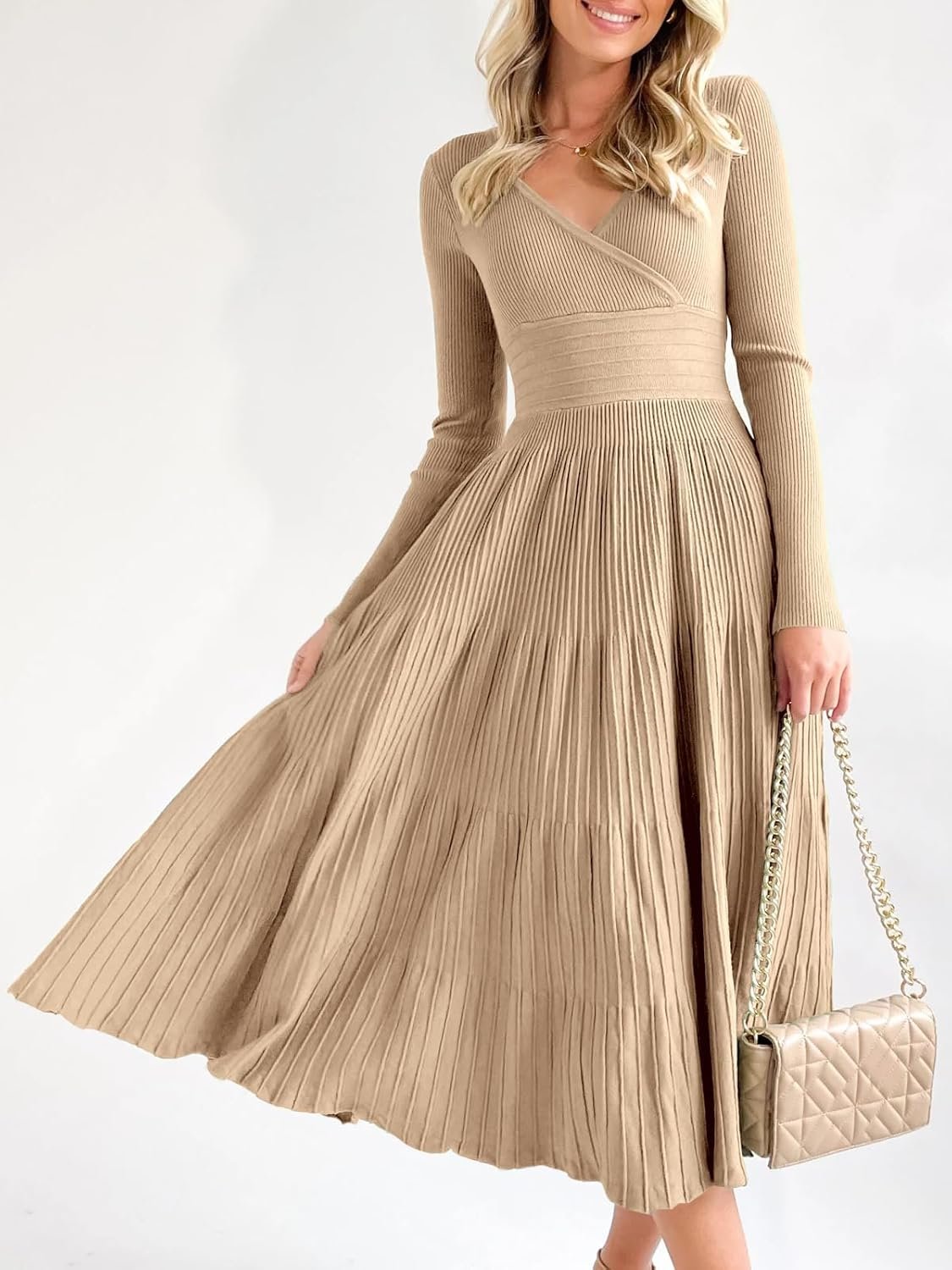 Womens Long Sleeve Sweater Dress Wrap V Neck Pleated A Line Fit Flare Elegant Knit Maxi Dress - Image 2