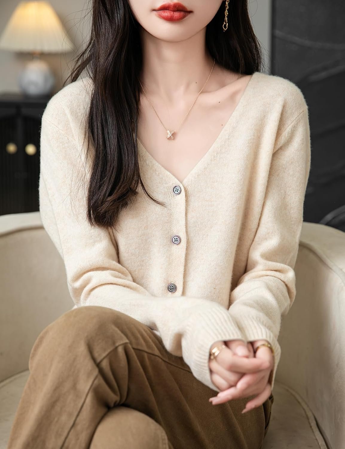 Women's 100% Merino Wool Cardigan 2025 Fall Winter Sexy V Neck Long Sleeve Lightweight Knit Cardigan Sweater - Image 2