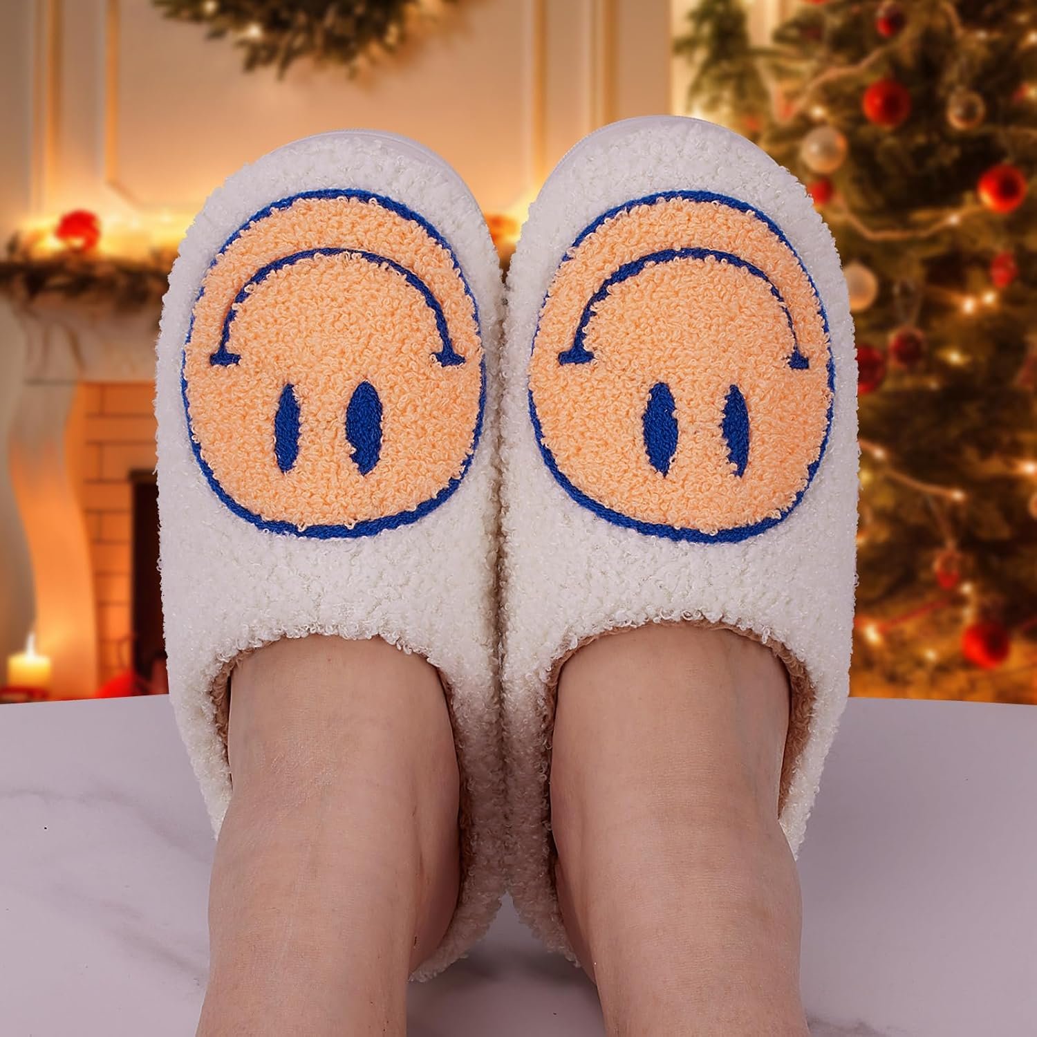 Smile Face Slippers for Women - Indoor Outdoor Retro Happy House Slides, Soft Fluffy Cushion Furry Shoes - Image 2