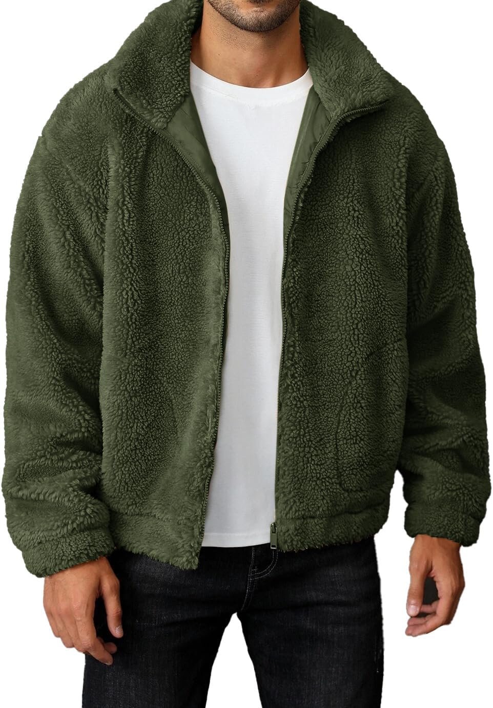 Mens Fuzzy Jacket Long Sleeve Fleece Zip Up Coat Fall Winter Warm Outwear