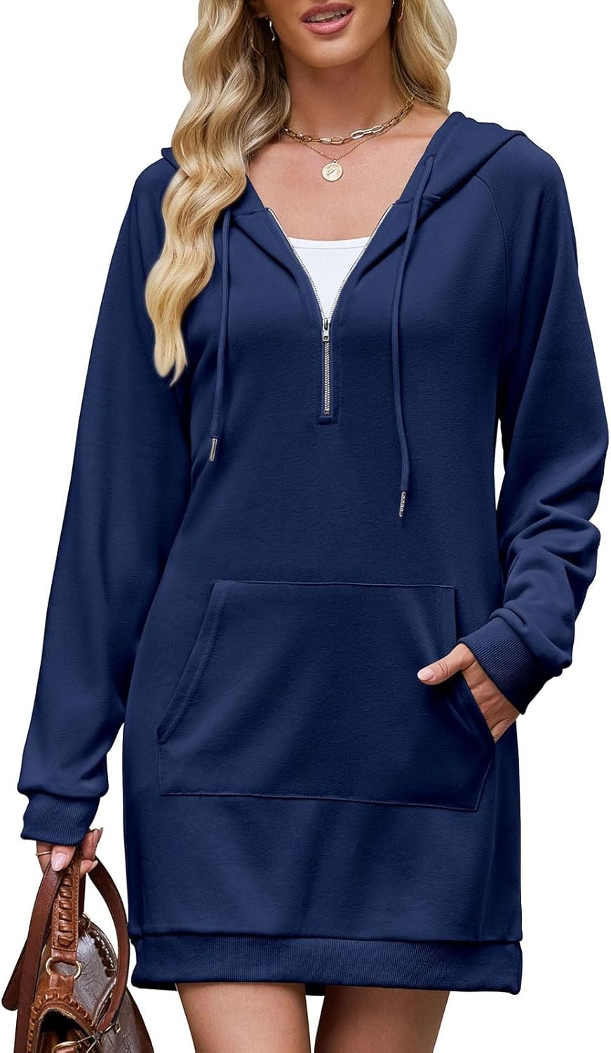 Womens Sweatshirt Dress Long Sleeve Hoodie dresses Half Zip Drawstring Hooded Tunic Tops with Pocket