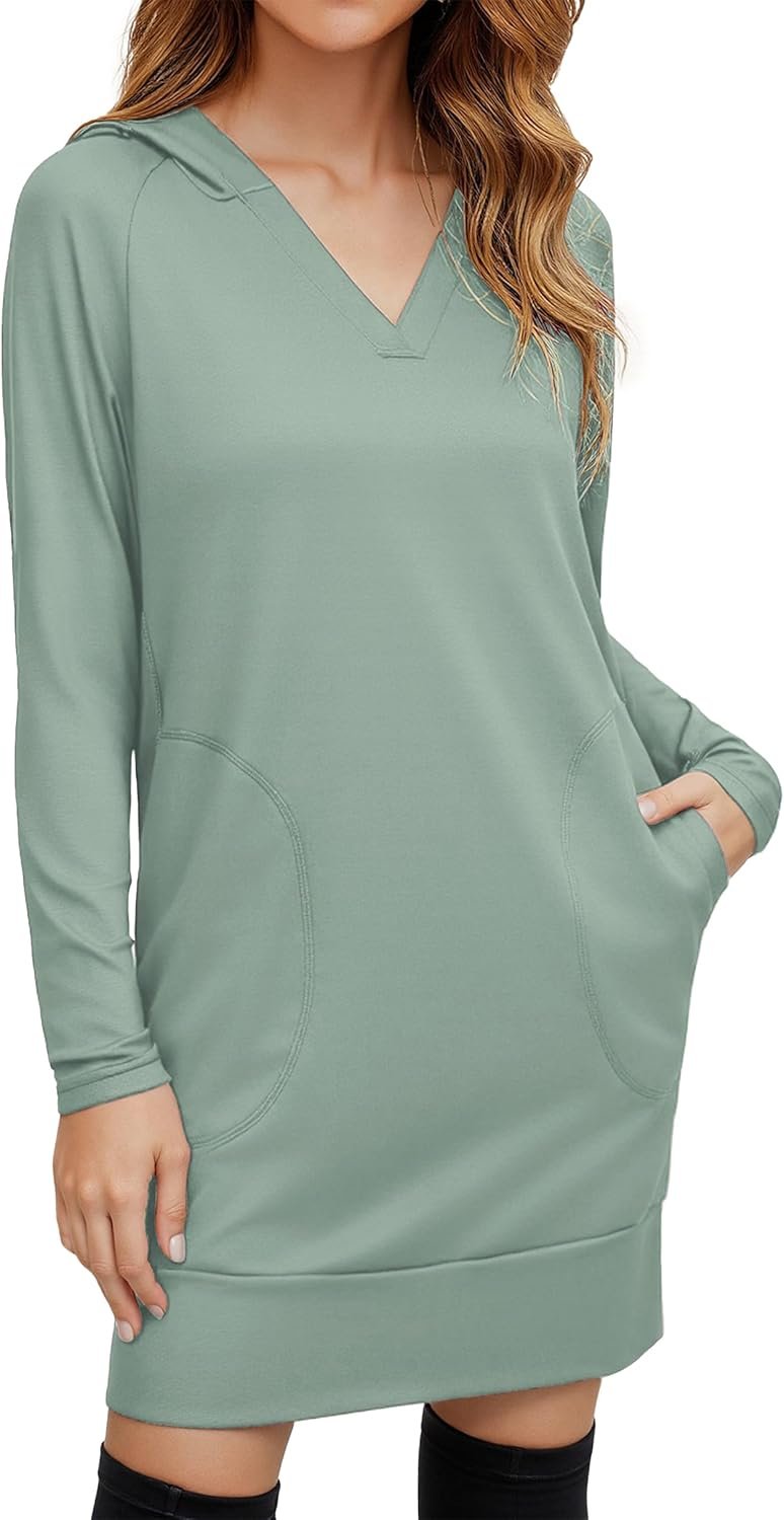 Women Oversized Hoodies Dress Casual Long Sleeve V-Neck Hooded Sweatshirt Dress with Pockets 2025 Fall Outfits - Image 2