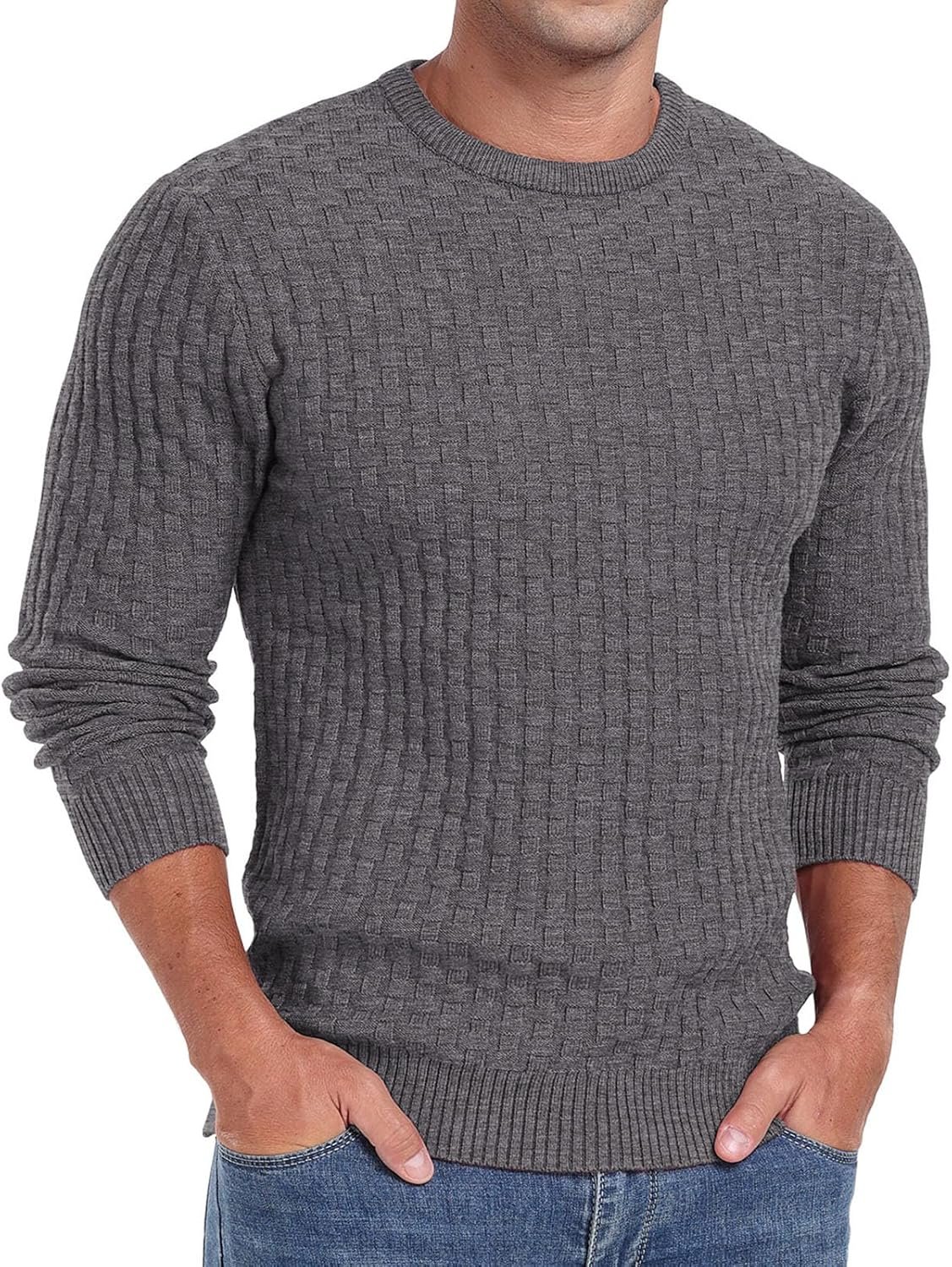 Men's Crewneck Pullover Sweater Waffle Long Sleeve Casual Sweater Soft Knit Waffle Texture Sweater Ribbing