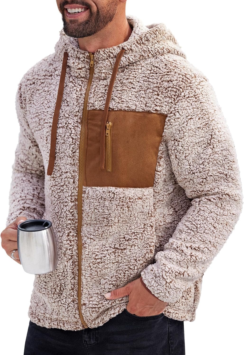 Men's Zipper Hoodie Fuzzy Fleece Jacket Color Block Thermal Cardigan with Pockets (S-XXL)