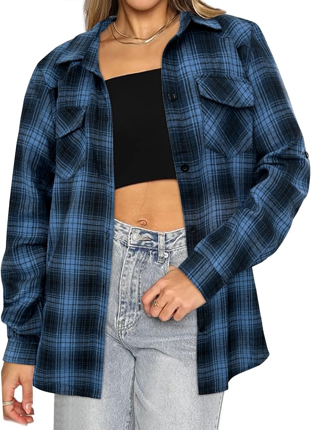 Women's Long Roll Up Sleeve Cotton Flannels Plaid Shirts Classic Fit Button Down Shirt Blouses with Pockets