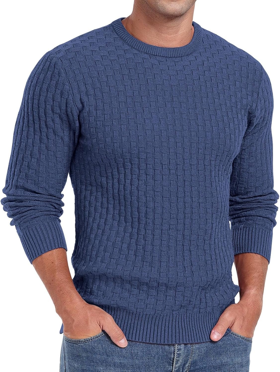 Men's Crewneck Pullover Sweater Waffle Long Sleeve Casual Sweater Soft Knit Waffle Texture Sweater Ribbing