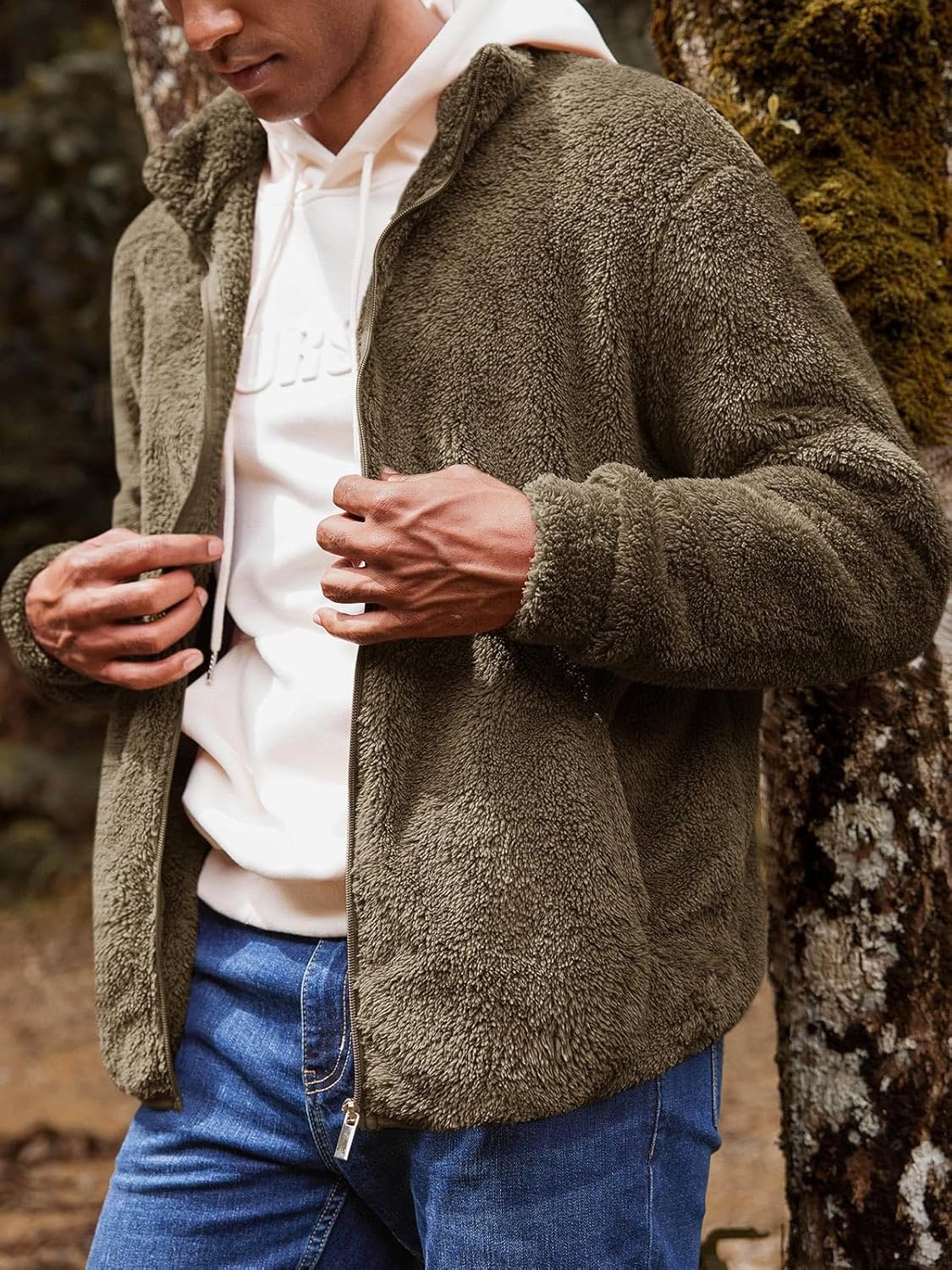 Mens Fuzzy Jacket Cardigan Fleece Long Sleeve Full Zip Open Front Thermal Coat Fall Winter Outwear - Image 2