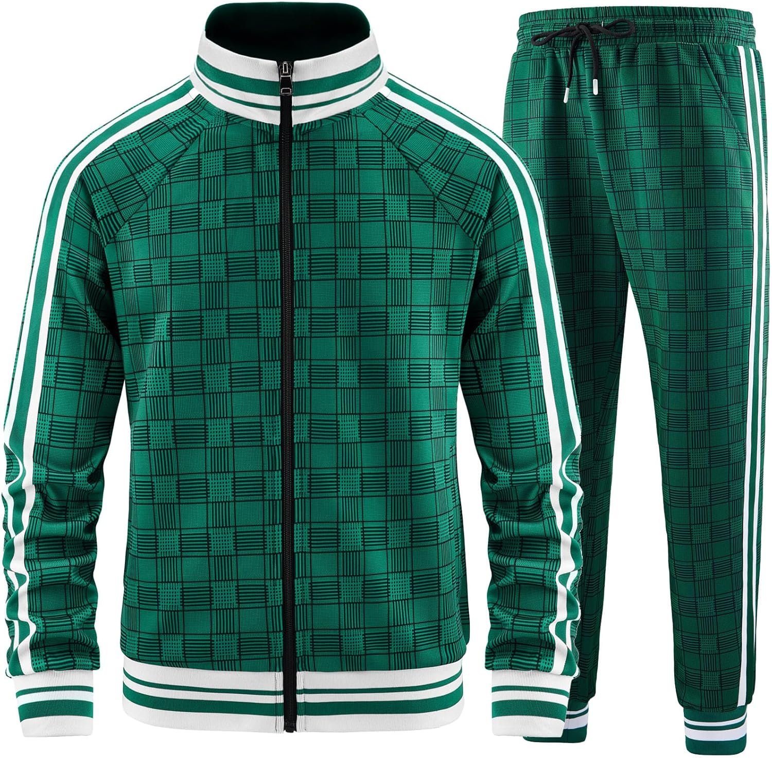 Men Tracksuits Full-zip Long Sleeve Plaid Track Jackets and Pants 2 Piece