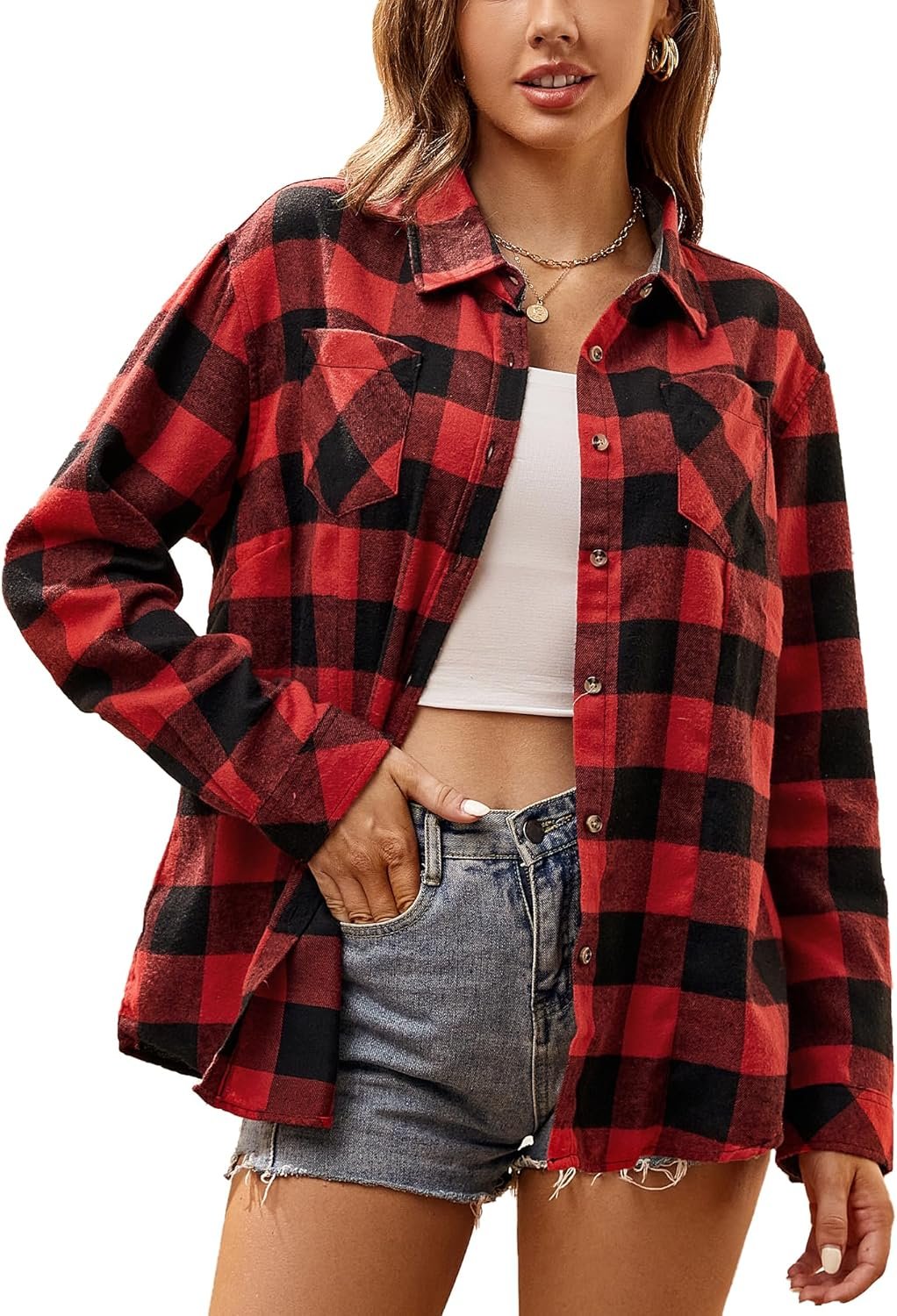 Flannel Shirts for Women Long Sleeve Button Down Plaid Fall Shirt Casual Work Tops