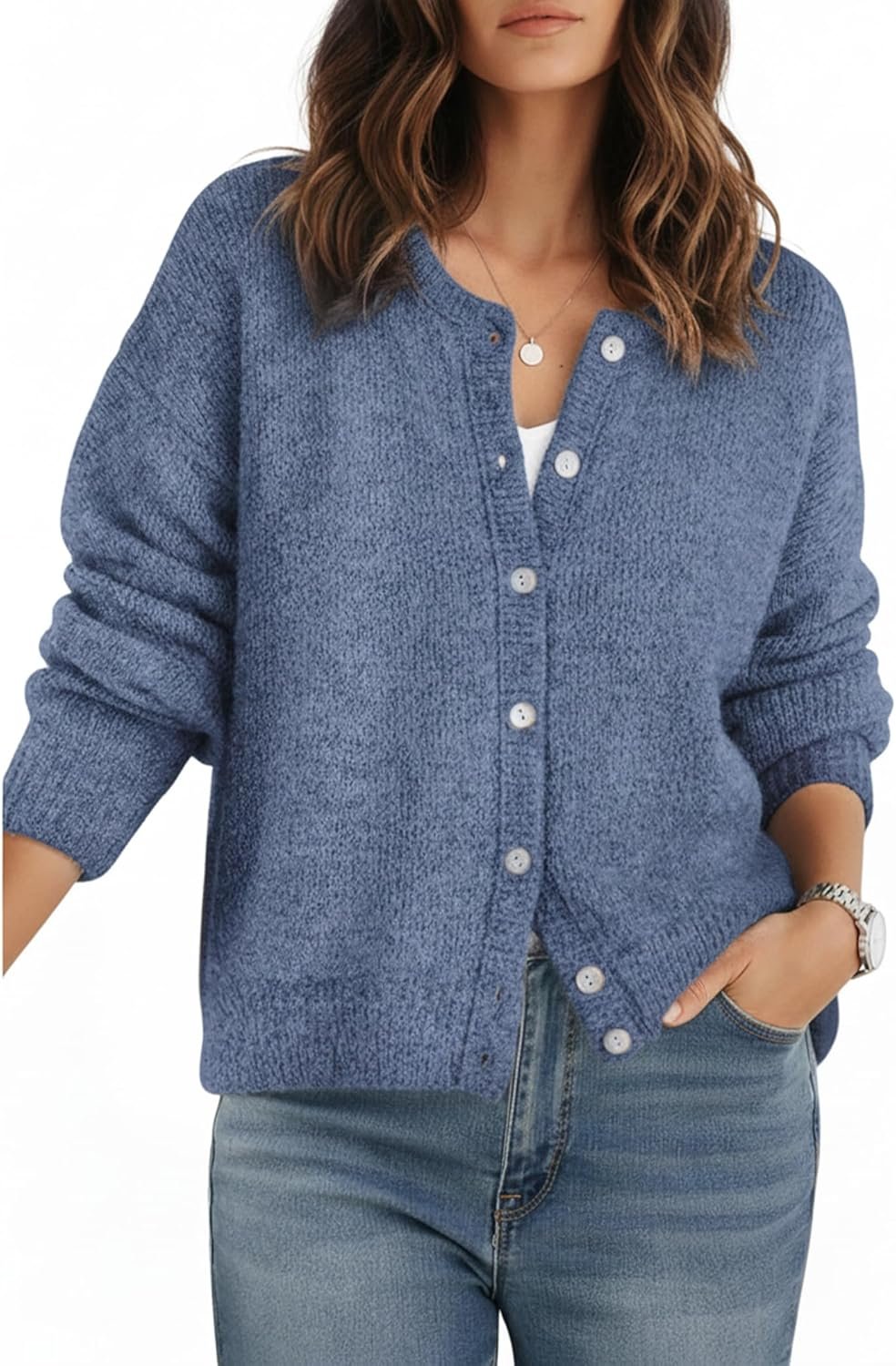 Womens Cardigan Sweaters, Chunky Button Down Knit Sweater, Open Front Crewneck Loose Coat 2025 Trendy Fall Winter