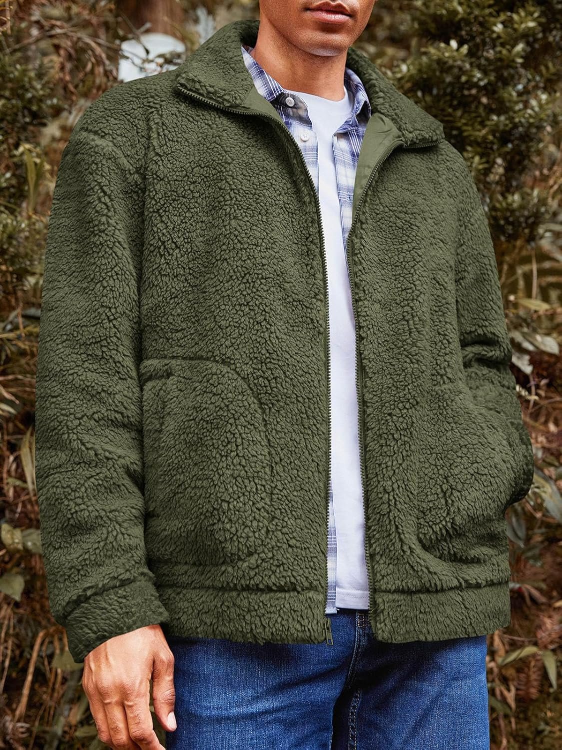 Mens Fuzzy Jacket Long Sleeve Fleece Zip Up Coat Fall Winter Warm Outwear - Image 2